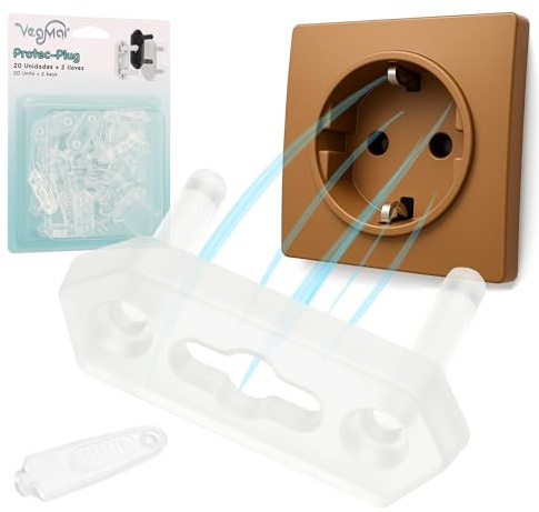 VegMai® Protector Enchufes para Bebés – 20 Tapas Enchufes Universales + 2 Llaves | Cubre Enchufes Seguridad Bebé | Kit Seguridad Compatible Schuko, 10A, 16A. (TRANSPARENTE)