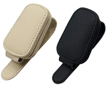 SSKHE - Portargafas para coche, 2 piezas, color negro y beige, clip de gafas de sol de piel para parasol, almacenamiento de gafas, tarjeta, ticket, accesorio de coche interior práctico y elegante