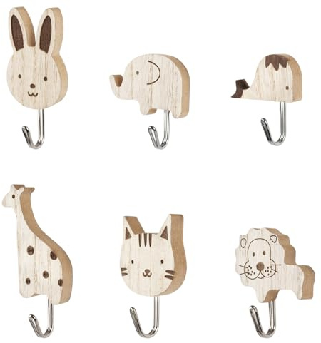 Wooden Hooks,6 PCS Cute Animal Coat Hooks for Kids,Wooden Self Adhesive Wall Hook,Child Childrens Coat Hook for Nursery,Bedroom & Bathroom,Fun Animal Themed Decor