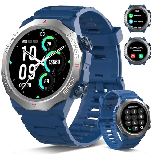 Militaire Montre Connectée Homme Femme avec Appel Bluetooth, 1.39 HD Smartwatch Motre Sport avec 110+ Modes Sportifs, Podometre Cardiofrequencemetre Sommeil, Etanche IP68 pour Android/iOS, Bleu