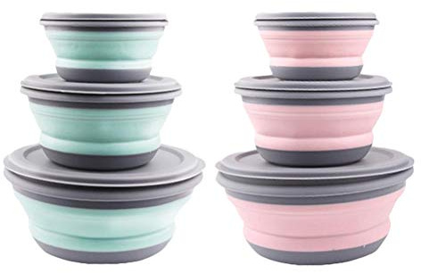 RASTKY Ensemble de Bols de Camping Pliants Portables 3 Pièces, Récipients de Cuisine en Silicone Anti-fuite pour Nouilles Instantanées, Salades, Fruits et Yaourts en Déplacement (PINK)