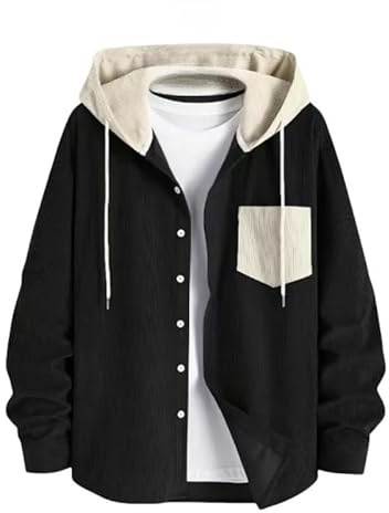 WLLDDDIU Giacca da Uomo in Velluto A Coste con Cappuccio, Manica Lunga, Casual, con Bottoni, Leggera ed Elegante, Felpa con Colori A Contrasto, da Indossare Tutti I Giorni, Nera L