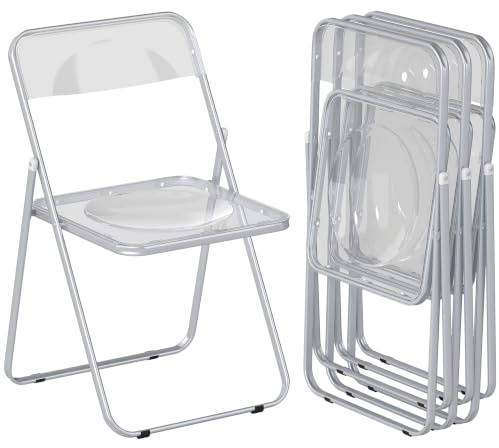 HOMCOM Acrylic Folding Chairs, Transparent Seat Backrest, 4 Pack, Clear | Foldable Chairs, Heavy Duty Steel Frame, Multi-Purpose for Home Office Dining