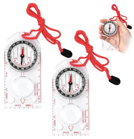 2 Pièces Boussole Randonnée, Boussole Compass Navigation Acrylique | Étanche Lumineuse Déclinaison Réglable Lecture Carte Expédition Course d'Orientation et Cordon Nylon Inclus