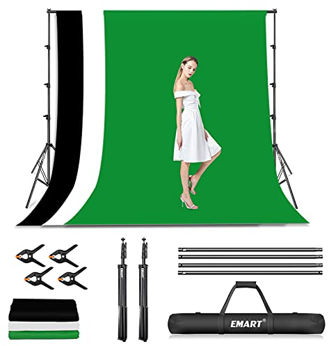 EMART Kit de Support de Toile de Fond pour Studio Photo et vidéo 2,6 x 3 m avec 3 Tissu en Mousseline 100% Coton (Noir, Blanc, Vert)
