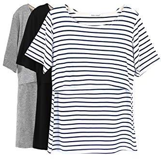 Smallshow 3 Pcs Maternity Nursing T-Shirt Nursing Tops White Stripe-Black-Grey Large