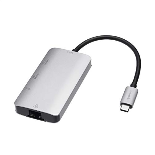 Amazon Basics 4-in-1 USB-C Adapter with HDMI, Ethernet Port, USB 3.0 and 100W PD Charging, Thunderbolt 3 Compatible, Gray, 3.35 x 1.77 x 0.51 inches