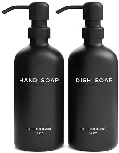 Svart tvåldispenser i glas set av Brighter Barns – hand- och disktvåldispenser för diskho – kökstvåldispenser set och pump – bondgård köksdekor, badrumsdekor och tillbehör (svart)