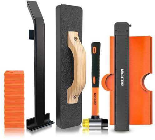 NAACOO Flooring Tools Kit, 5 in 1 with ABS HDPE Heavy Tapping Block, Heavy Duty Pull Bar, Contour Gauge & 40 Pcs Wedge Spacers for Laminate Vinyl Flooring Installation