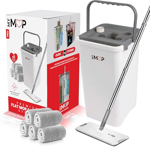 MY MOP PRO - FLAT MOP & BUCKET SET | 3-CHAMBER CLEANING SYSTEM | SEPARATES CLEAN & DIRTY WATER | 360° ROTATING HEAD | 5 WET & DRY REUSABLE MICROFIBRE MOP PADS INCLUDED | FOR ALL HARD FLOOR TYPES