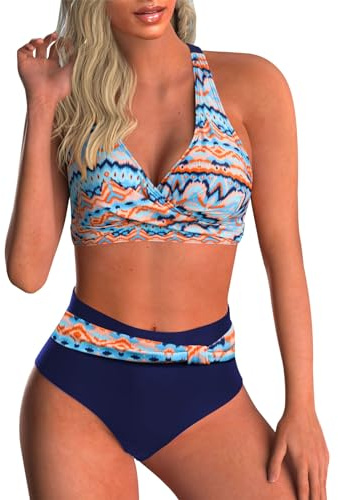 Adigaber Tvådelade baddräkter för kvinnor, bikini med överdel med korsande band, med hög midja, magkontroll och vintagetryck