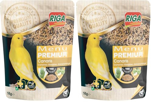 Riga - Menú Premium para Canarios - Mezcla de Semillas, Cereales y Proteínas Vegetales - Concepto Tri-Nutricional - Ayuda al Funcionamiento Intestinal Óptimo - 1 kg (Paquete de 2)