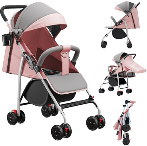 Poussette canne compacte Ingenious,avec position allongée,de la naissance à 4 ans,Assis ou couché, poignée réglable, landau à 4 roues avec tapis en coton + moustiquaire+porte-gobelet (d,rose)