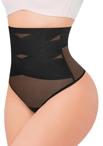 KUMAYES Braga Tanga Faja Reductora Mujer Moldeadora sin Costuras de Cintura Alta Thong String Invisible Abdomen Levanta Glúteos Shapewear (Negro, L)