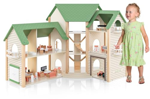 GOPLUS Casa de Muñecas de Madera para Niños, Juego de Casa de Ensueño con 36 Accesorios, 6 Habitaciones con Escaleras y Balcones Incorporados, Garaje con 2 Coches, Regalo para Niñas de 3+ Años