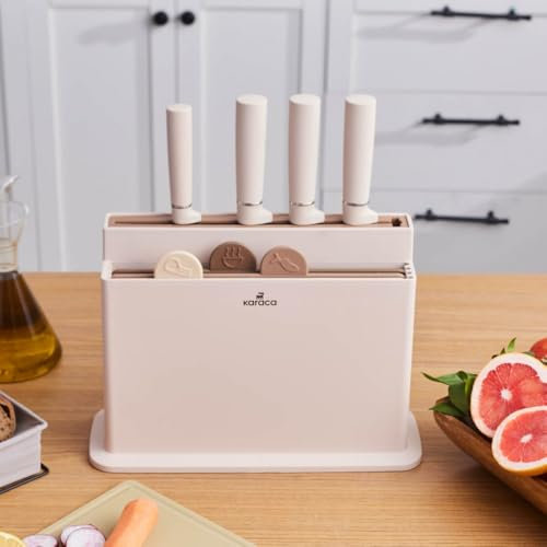 Karaca Chef's Harmony Utensil Set with Chopping Board and Holder - Appliances for Cooking - 10 Pieces Cookware Tools - Stainless Steel Knives, Cream & Beige Sets