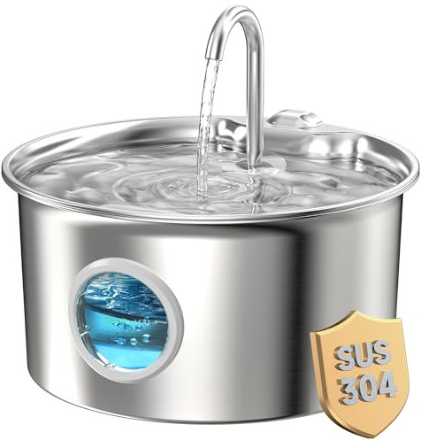 Katzenbrunnen Edelstahl Trinkbrunnen für Katze: Katzen Trinkbrunnen Leise - 2.6L Automatic Katzentrinkbrunnen mit Wasserstandsfenster - Haustierbrunnen für Kleine Hunde - Mehrschichtiges Filtersystem
