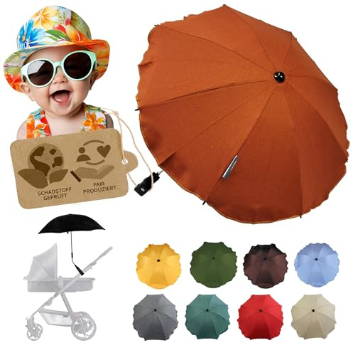 Sonnenschutz universal [Sonnenschirm für Kinderwagen] Buggy UV Schutz 50+ mit Universalhalterung biegsamer Schirm für Rund- und Ovalrohre verstellbar (meliert orange)