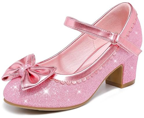 LAURMOSA Princess Shoes Girls Party Shoes Kids High Heels with Bow Mary Janes Sparkly Flower Girl Shoes for Toddler Little Big Kids Wedding Birthday Prom Dress Up
