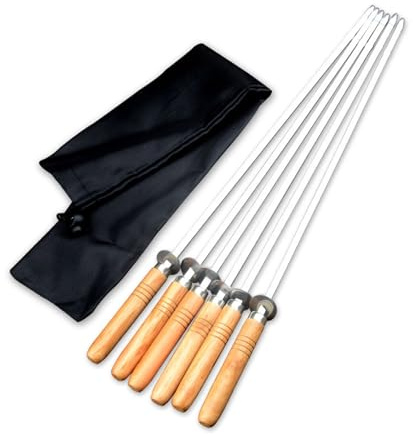 YIZITU Confezione da 6 spiedini per barbecue in acciaio inox con comodi manici in legno, spiedini piatti in metallo facili da pulire