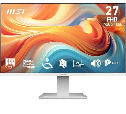MSI Pro MP273WA E14A Monitor Profesional de 27 FHD, 1920 x 1080 IPS, 144 Hz, 1 ms, Compatible HDR, adaptative Sync, Eye Care, HDMI 2.0, DP 1.2a, sin Marco, inclinación Ajustable, Vesa, Blanco