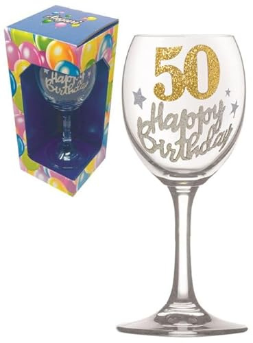 Generico bicchiere Calice da Vino in Vetro per 50° Compleanno, Decorazione con Glitter Argento e Oro, Confezione Regalo Inclusa