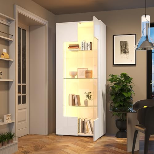 Crlnaup 70 x 40 x 173 cm vardagsrumsvitrinskåp med 2 akryldörrar, högblankt vitrinskåp med LED-ljuslist, bärskåp av härdat glas, vardagsrum brett skåp, högskåp, MDF, vit