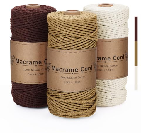 Corda Macramè 3mm Set, 3 Filo per Macramè 3mm x 100m - Filato Morbido in Cotone Naturale (Marrone, Beige, Giallo Senape) per Arazzi, Appendiabiti, Fai da Te e Decorazioni - 300 Metri Totali