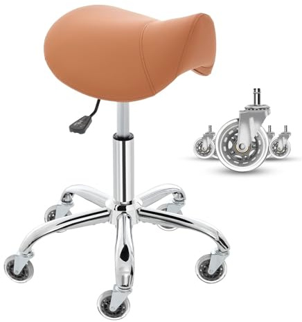 LQVAIPT Taburete con Forma de Silla de Montar con Ruedas, Taburete Giratorio Ajustable de Cuero PU, Taburete de salón de Dibujo for Masaje, clínica, Tatuaje, médico(Brown)