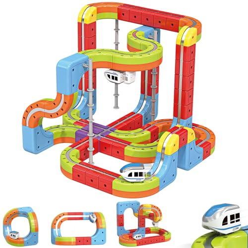 Trenino Elettrico per Bambini 88 Pezzi, Set di Assemblare con Binari 3D e Due Trenino Elettrico, Set di DIY Circuito Giocattolo Creativo, Regalo Bambini 3-12 Anni