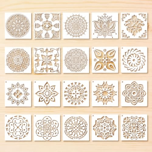 Shalve Set de 20 Plantillas Mandala 20 x 20 cm PVC Reutilizable, Diseños Florales para Pintura DIY, Decoración de Pared, Lienzo, Madera, Tela, Scrapbooking y Aerografía
