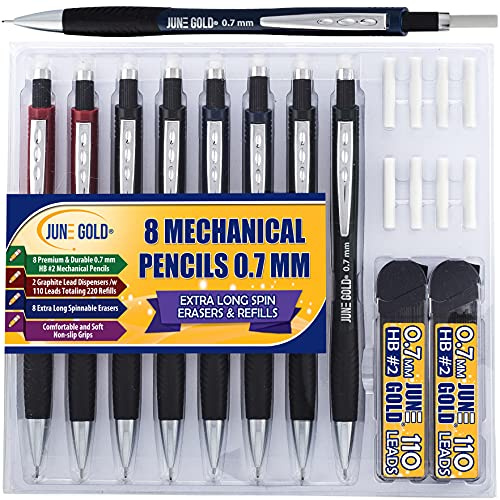 June Gold 8 Mechanical Pencils, 0.7 mm HB #2, 220 Lead & 8 Eraser Refills