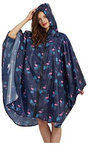 Womens Rain Poncho Stylish Polyester Waterproof Raincoat Free Size with Hood Zipper (Deep Blue Flamingo)