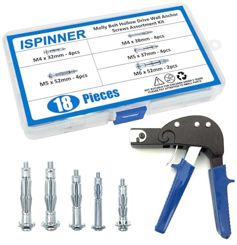 ISPINNER Wall Anchor Setting Tool with 18pcs Molly Bolt Hollow Drive Wall Anchor Screws Assortment Kit, Heavy Duty Anchor Gun for Cavity Anchor Plasterboard Fixing