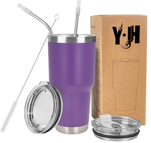 Y·J&H 30oz (850ml) Travel Tumbler Double Wall Vacuum Insulated Coffee Mug Stainless Steel Coffee Cup with 2 Splash Proof Lid, 2 Straws & Free Cleaning Brush, BPA Free - Purple