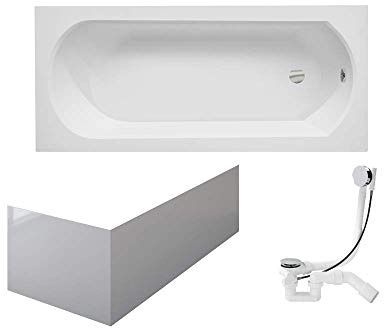 VBChome bañera 160x75 cm delantal acrílico bañera sifón rectángulo diseño blanco desagüe moderno cromado