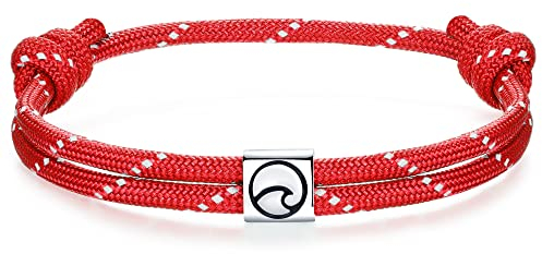 J.Endéar Welle Armband Nautical Maritime Paracord mit Silber 925 Charm für Herren Damen, Junge Männer Surfen Meer Strand Segeltau Freunde Partner Geschenk, Rot