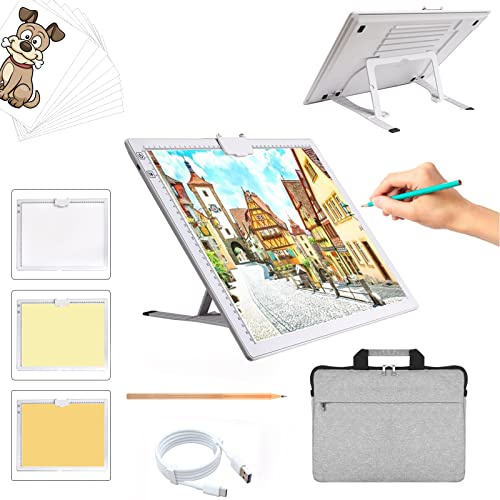 A3 Rechargeable Light Pad with Case, TOHETO 2500mha Battery Powered Light Board with Stand and Top Magnetic Clip 3 Colors Stepless Dimmable 6 Levels Brightness Light Box for Diamond Painting (White)