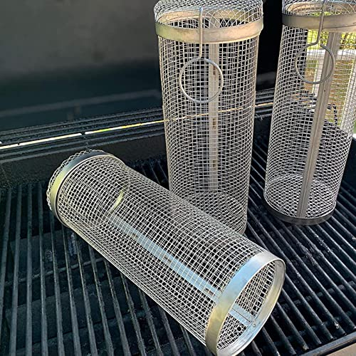 Dous Cesta para Barbacoa, Red para Acero Inoxidable, Jaula para Parrilla Circular Giratoria Rodillos, Cesta para Barbacoa Giratoria 360°, Verduras A La Parrilla, Papas Fritas, Albóndigas,