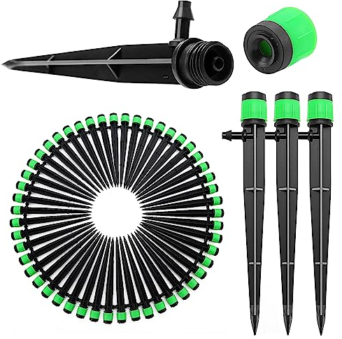 VooGenzek 50 Pezzi Goccia a Irrigazione Regolabile, 360 Gradi Gocciolatore di Emettitore Micro con Barb Connettore & Staffa per Tubo, Teste di Irrigazione da Giardino per Tubo 4/7 mm, Verde