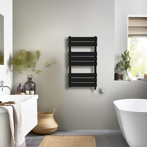 NRG Bathroom Flat Panel Heated Towel Rail Radiator with Manual Electric Heating Element Modern Central Heating Warmer Wall Mounted Ladder Rad 800×450mm Black