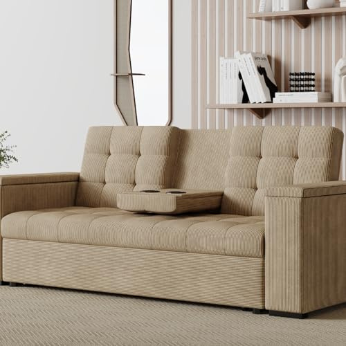 CONCEPT USINE - Canapé Convertible 3 Places en Velours Côtelé | NOHO Beige | Modulable très Pratique | Design Contemporain | Lit 2 Places : Couchage 160 x 160 cm | Structure Bois Massif et Plywood