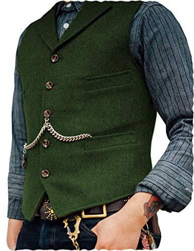 AeoTeokey Classic Mens Wool Tweed Suit Vest Casual Sleeveless Jacket Herringbone Waistcoat for Tuxedos(Green,4XL