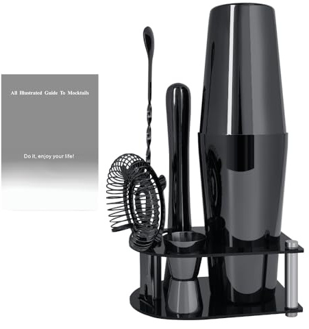 5 Piece Cocktail Shaker Bartender Kit: 750/600ml(25/20oz) Cocktail Shaker Set with Stand, Drink Mixing Includes Martini Shaker,Strainer,Jigger,Bar Mixer Spoon,Muddler Bar Tool Set (Black)