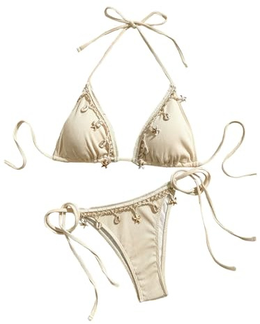 Verdusa Women's 2 Piece Sexy Halter Triangle Bikinis Thong Tie Boho Seashell Bikini Sets Swimsuits Swim Bathing Suit Beige Small