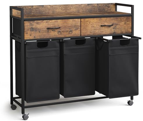 Mondeer Laundry Basket 3-Compartments, Laundry Sorter with 2 Drawers, Laundry Hamper with Lid Pull-Out Removable Laundry Bags, 3 x 50L, 106 x 33 x 91.5 cm, Rustic Brown and Black