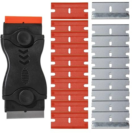 Mighty Melt Multi-Surface Plastic Scraper Tool - Non-Scratch - for Removing Burnt Food, Tough Stains & Stickers from Glass, Ovens, & More - Adhesive Remover - 10 Metal & 10 Plastic Blades