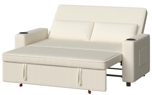 Devoko Schlafsofa 2-Sitzer Ausziehbar mit Verstellbarer Rückenlehne, Cord Sofa I-Form Couch mit Schlaffunktion für Wohnzimmer & Schlafzimmer, Beige