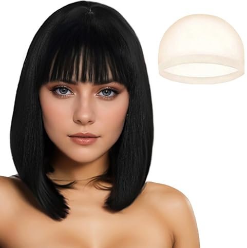 JSTHHTT 30cm Peluca Negra Corta con Flequillo, Pelucas de Cabello, Sintéticas de Longitud Media, para Uso Diario en Fiestas Cosplay
