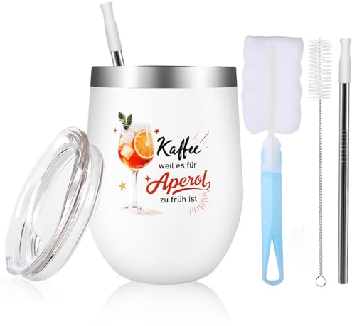 Aperol vinmugg rostfritt stål, vinmugg med kaffe eftersom det är för tidigt för Aperol, 304 vinbägare med lock, sugrörsborste, muggborste och halm, presentset för kvinnor, kollegor